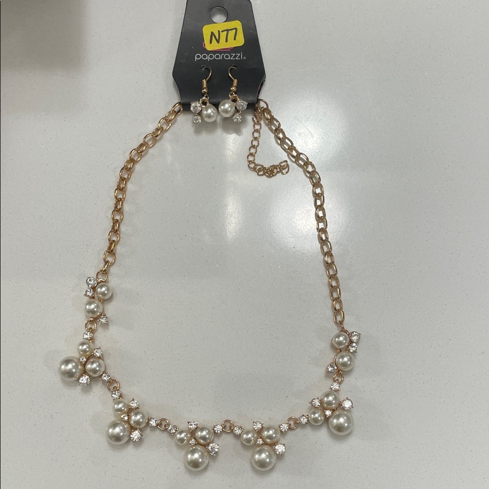 Paparazzi Gold and White Pearl Necklace Set